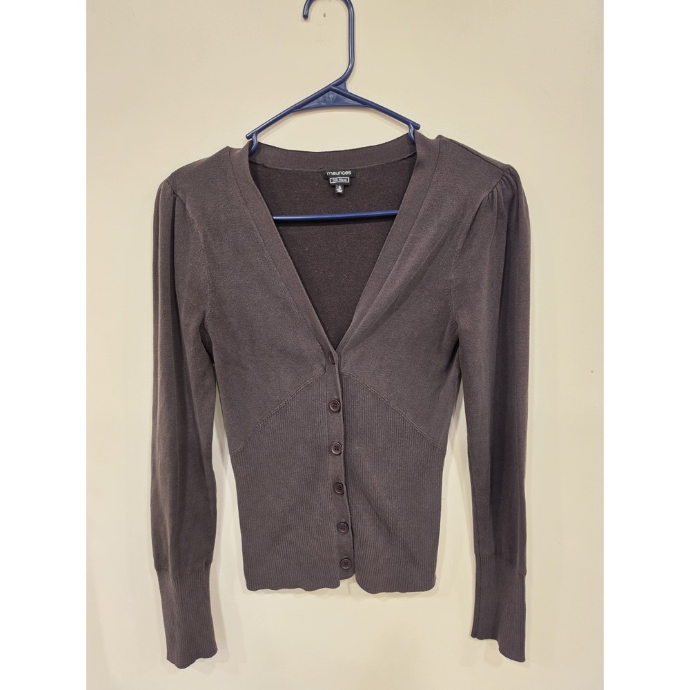 Y2K Maurices Silk Blend Cardigan Brown Puff Sleeve Fitted Sweater Size Small